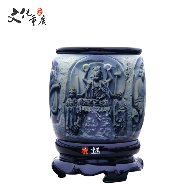 <b>重庆特色大足石刻旋转笔筒 浮雕水晶胶 实木底座</b>